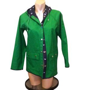 LADY VAN HEUSEN WOMENS GREEN/BLUE BUTTON DOWN HOODED RAINCOAT SIZE MEDIUM